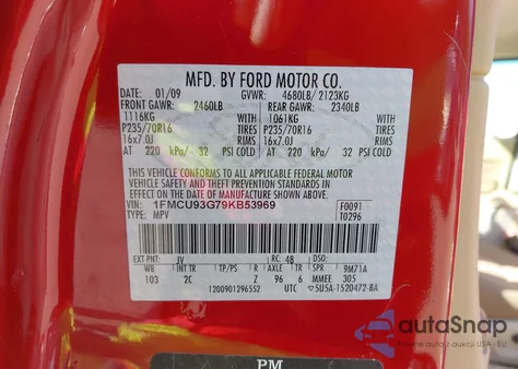 2009 Ford Escape Xlt z USA, uszkodzony, nr VIN 1FMCU93G79KB53969